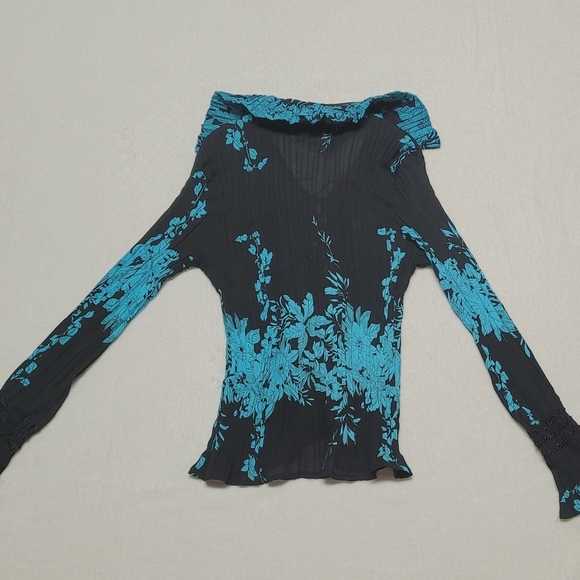 Gothic Vintage Lace-up Corset Black Teal Long Flare Sleeve Plisse Pleated Blouse - Picture 8 of 11